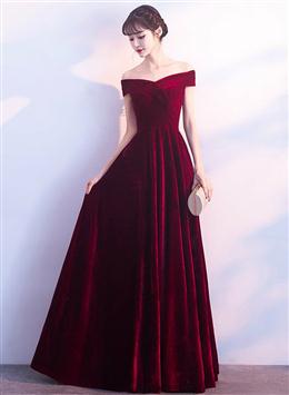 Picture of Pretty Red Color Velvet Prom Dresses , Long Off Shoulder Bridesmaid Dresses